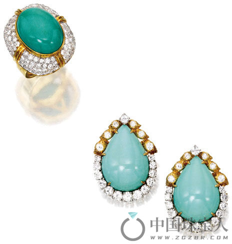 绿松石配钻石铂金及金戒指以及同款耳环套组（成交价：8,750美金）