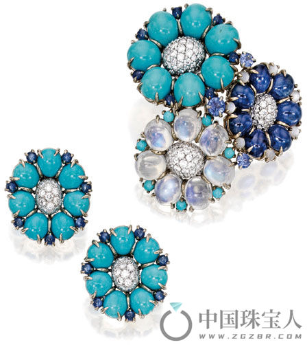 Seaman Schepps“三花”彩色宝石配珍珠母、钻石18K金胸针和“花朵”耳环套组（成交价：26,250美金）