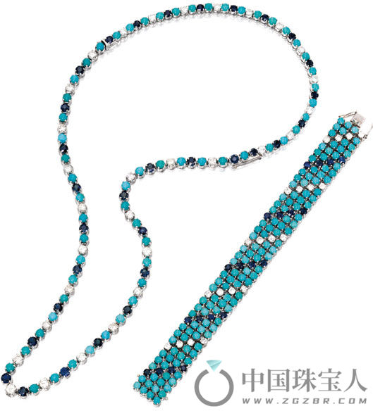 绿松石配蓝宝石及钻石白金项链及手链（成交价：7,500美金）