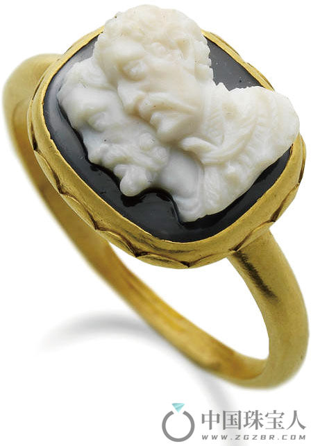 19世纪中后期文艺复兴玛瑙配珐琅彩金戒指