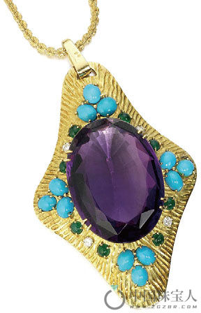 宝诗龙紫水晶配绿松石、绿玉髓及钻石吊坠项链，约制于1970年