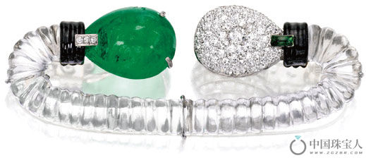 水晶配绿宝石、钻石及珐琅彩铂金胸针（成交价：30,000美金）