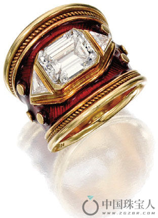 Elizabeth Gage 钻石配珐琅彩18K金戒指（成交价：35,000美金）