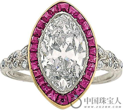 装饰艺术风格钻石配红宝石铂金戒指（成交价：32,500美金）