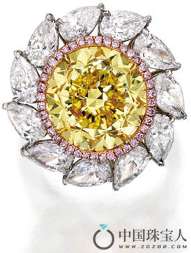 艳彩黄色彩钻配彩色钻石及钻石铂金、18K金戒指（成交价：389,000美金）