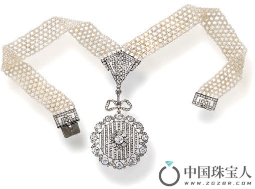 美好年代钻石配小粒珍珠项链，约制于1910年