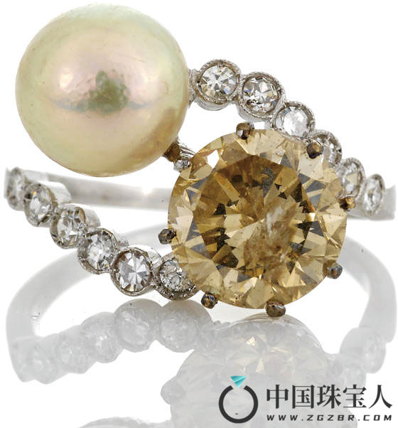 天然珍珠配彩钻及钻石戒指（成交价：6,250美金）
