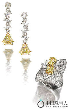 彩色钻石配钻石戒指及耳环套组（成交价：112,500港币）