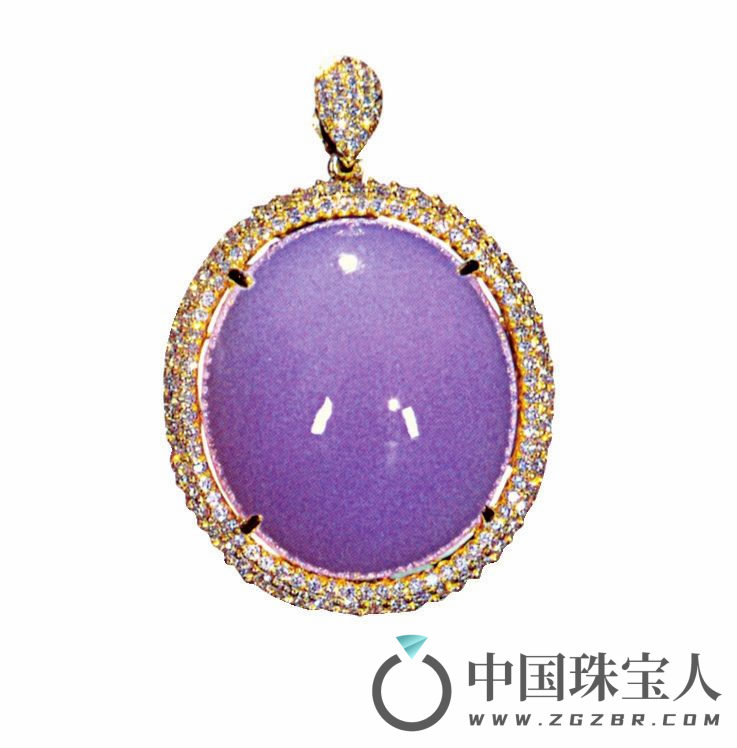 紫色翡翠“特大蛋面”镶玫瑰金钻石吊坠（27毫米×24毫米）