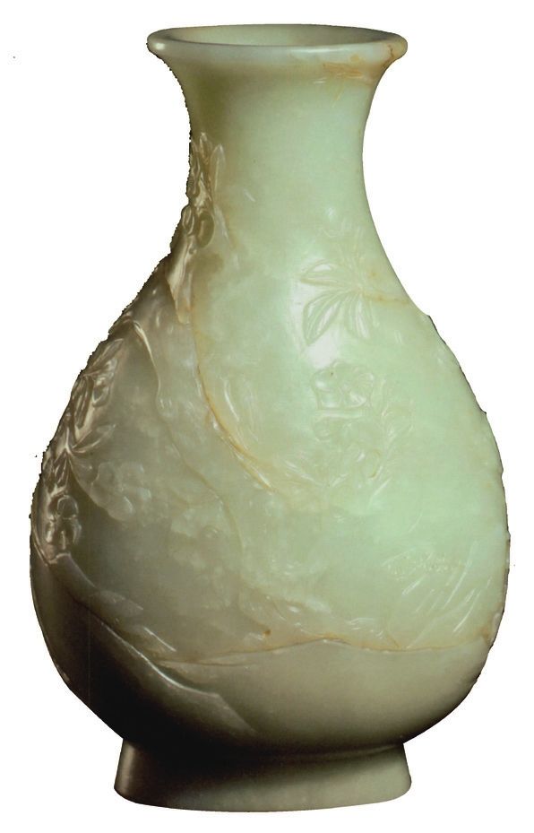 白玉高浮雕桃花春燕纹椭形花瓶 【清代】高17.8厘米